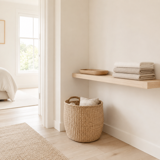 Whole-home organization with basket shelf and folded linens