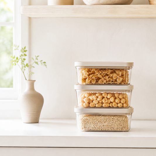 Stackable food storage containers in a bright kitchen