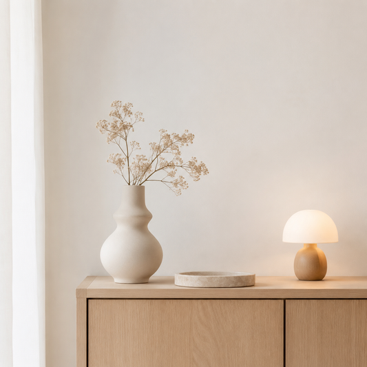 Minimal home decor accents on a light wood console