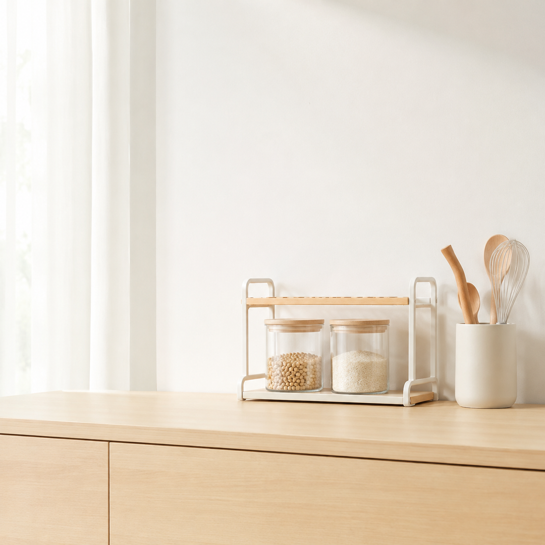 Kitchen organizers and storage jars on a clean counter