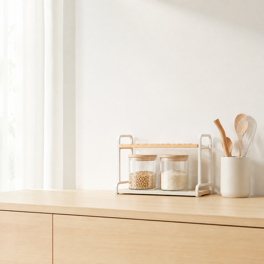 Kitchen organizers and storage jars on a clean counter