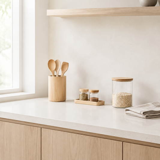 Organized modern Pakistani kitchen counter