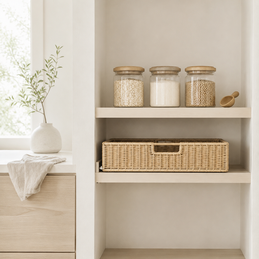 Minimal organized pantry shelf with clear jars and basket
