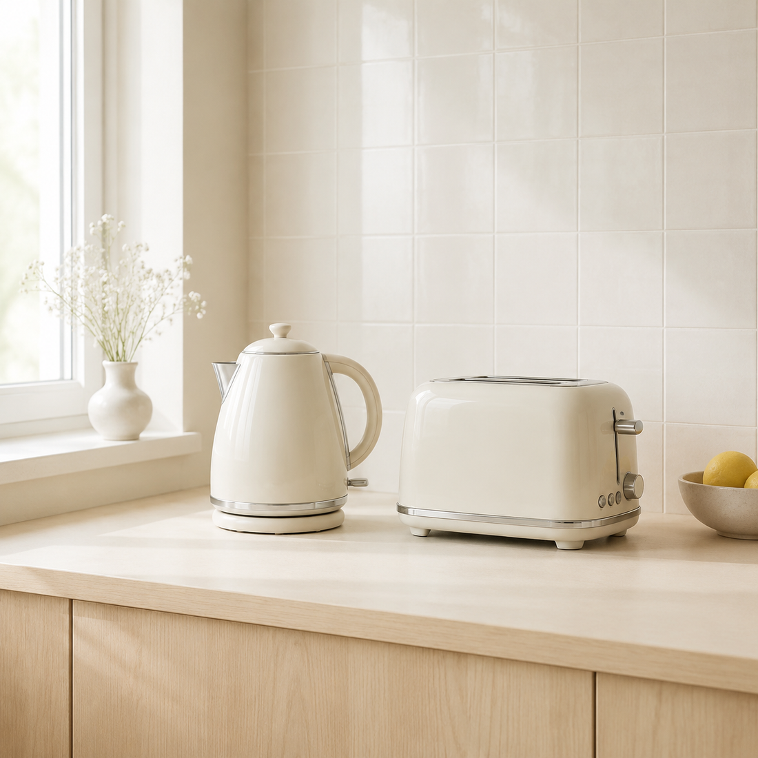 Retro style cream kettle and toaster in a minimal kitchen