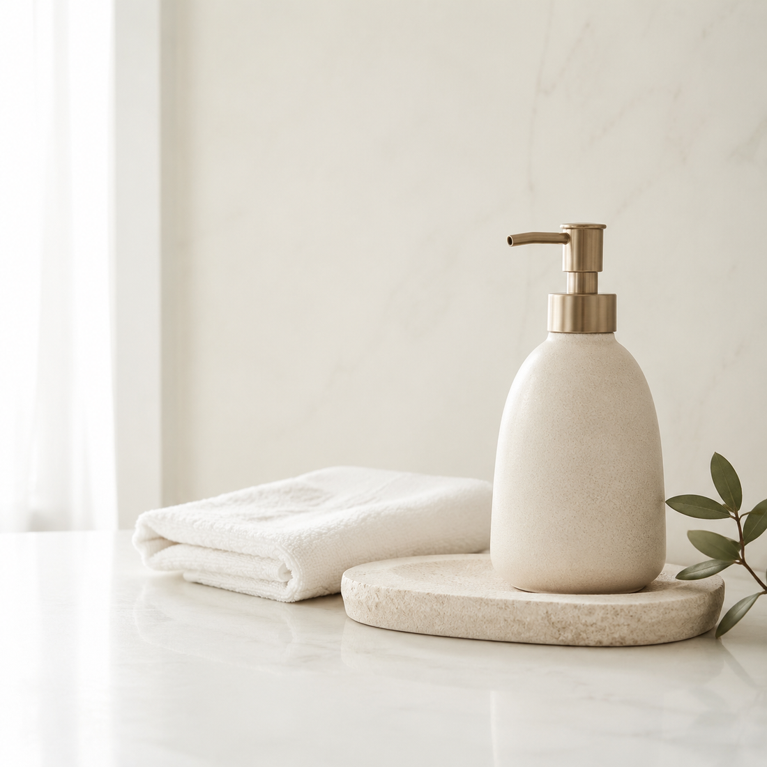 Minimal ceramic soap dispenser on a bathroom counter