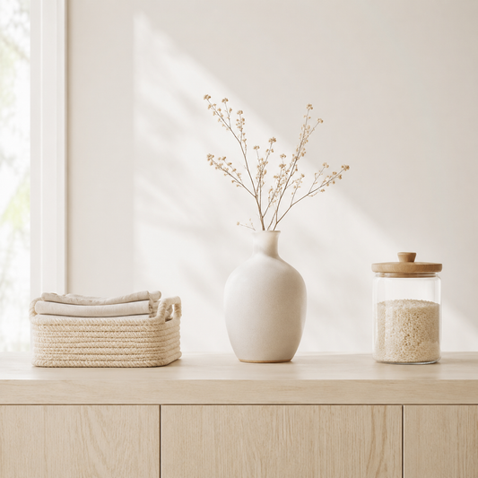 Home essentials arranged in a minimal interior