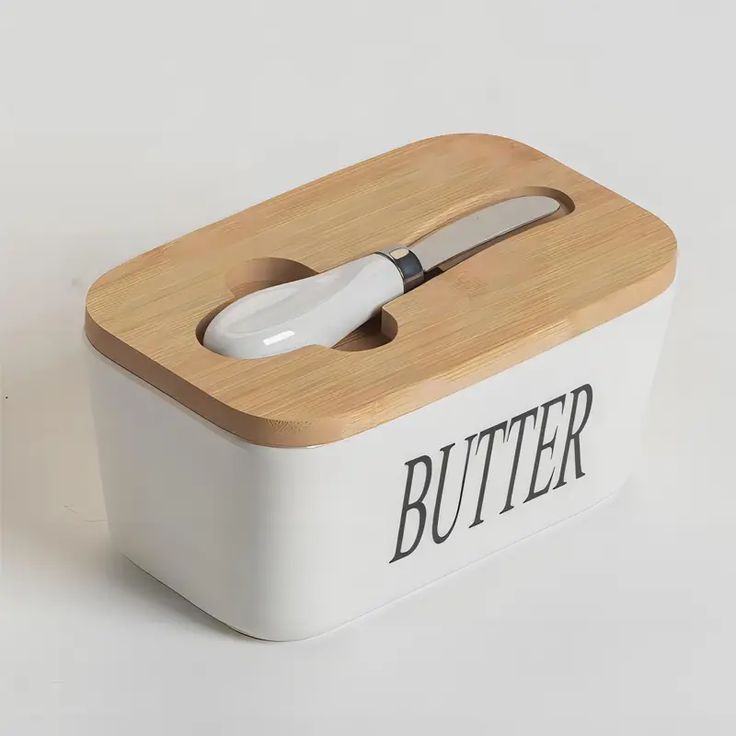 Ceramic Butter Dish with Wooden Lid & Knife Holder