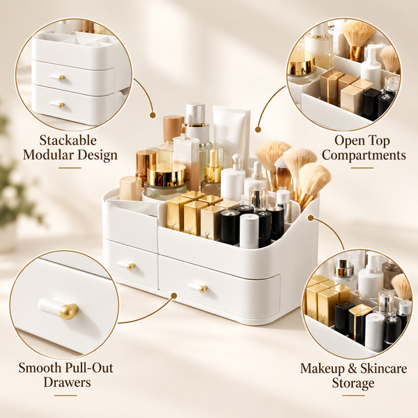 Heavy-Duty Stackable Cosmetic & Makeup Organizer with Drawers features