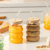 Ribbed Glass Tumbler with Bamboo Lid & Reusable Straw – 1 Pc