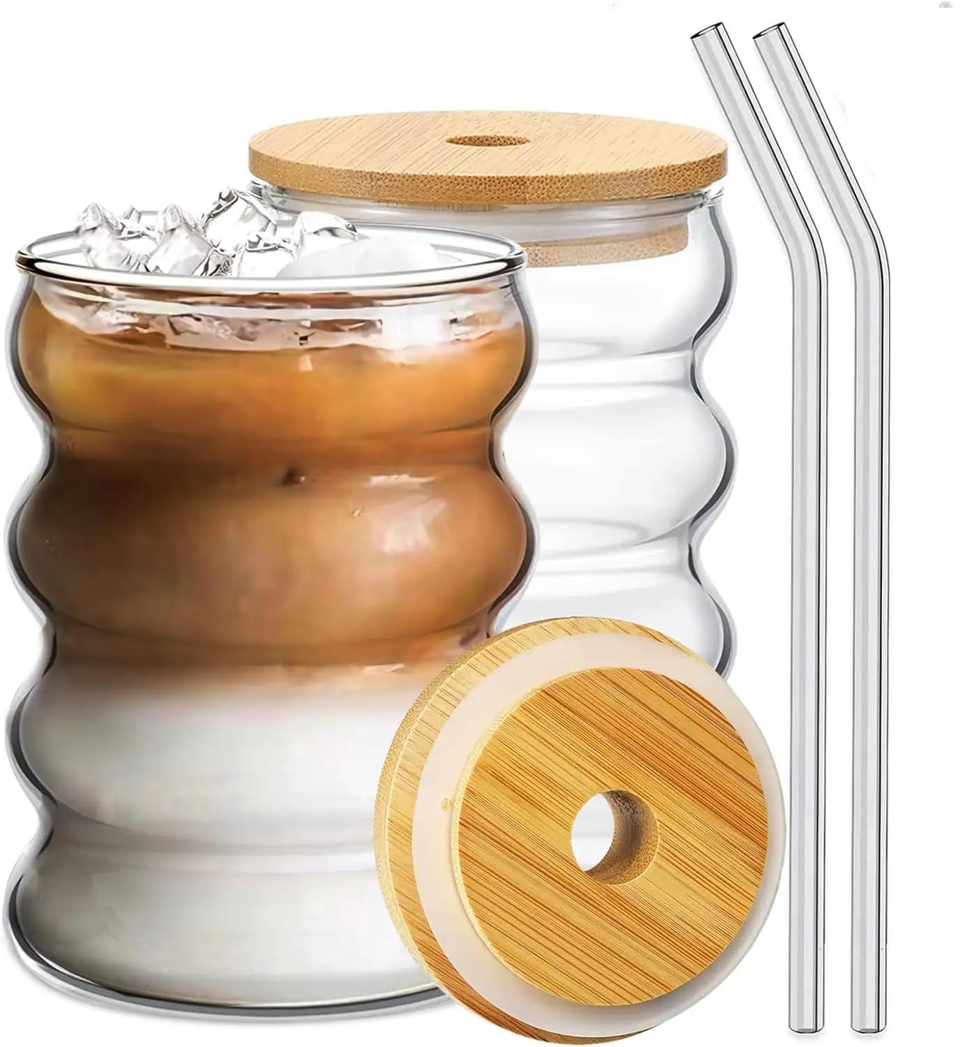 Ribbed Glass Tumbler with Bamboo Lid & Reusable Straw – 1 Pc