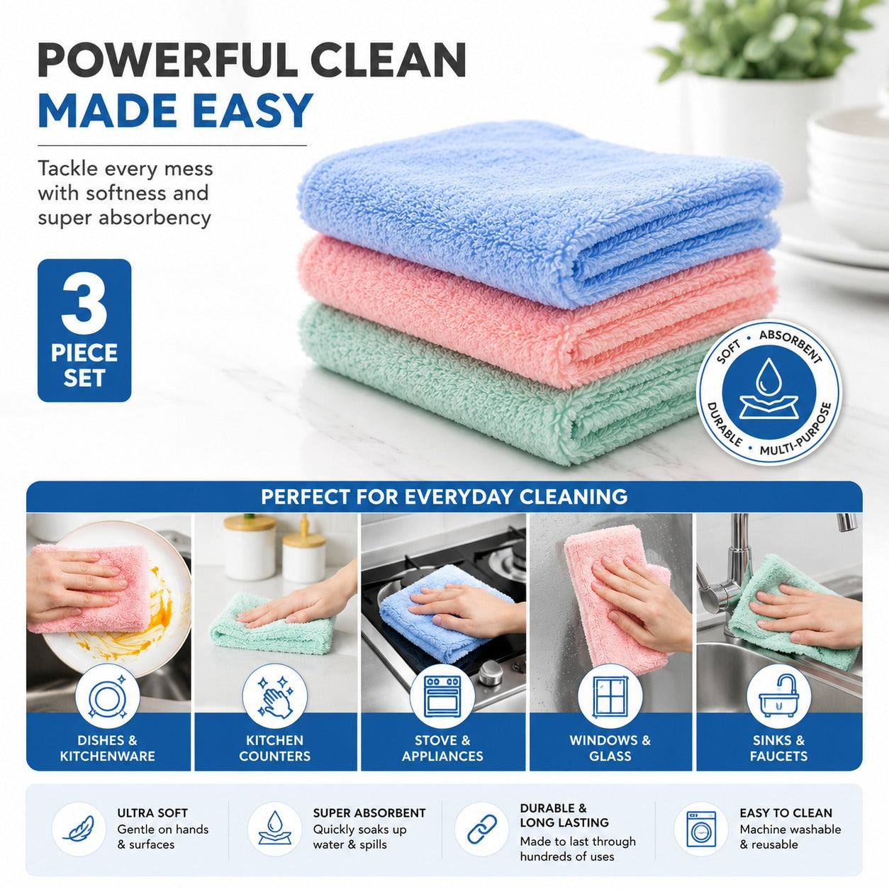 3-Piece Microfiber Kitchen Cleaning Cloth Set – Soft, Super Absorbent & Reusable