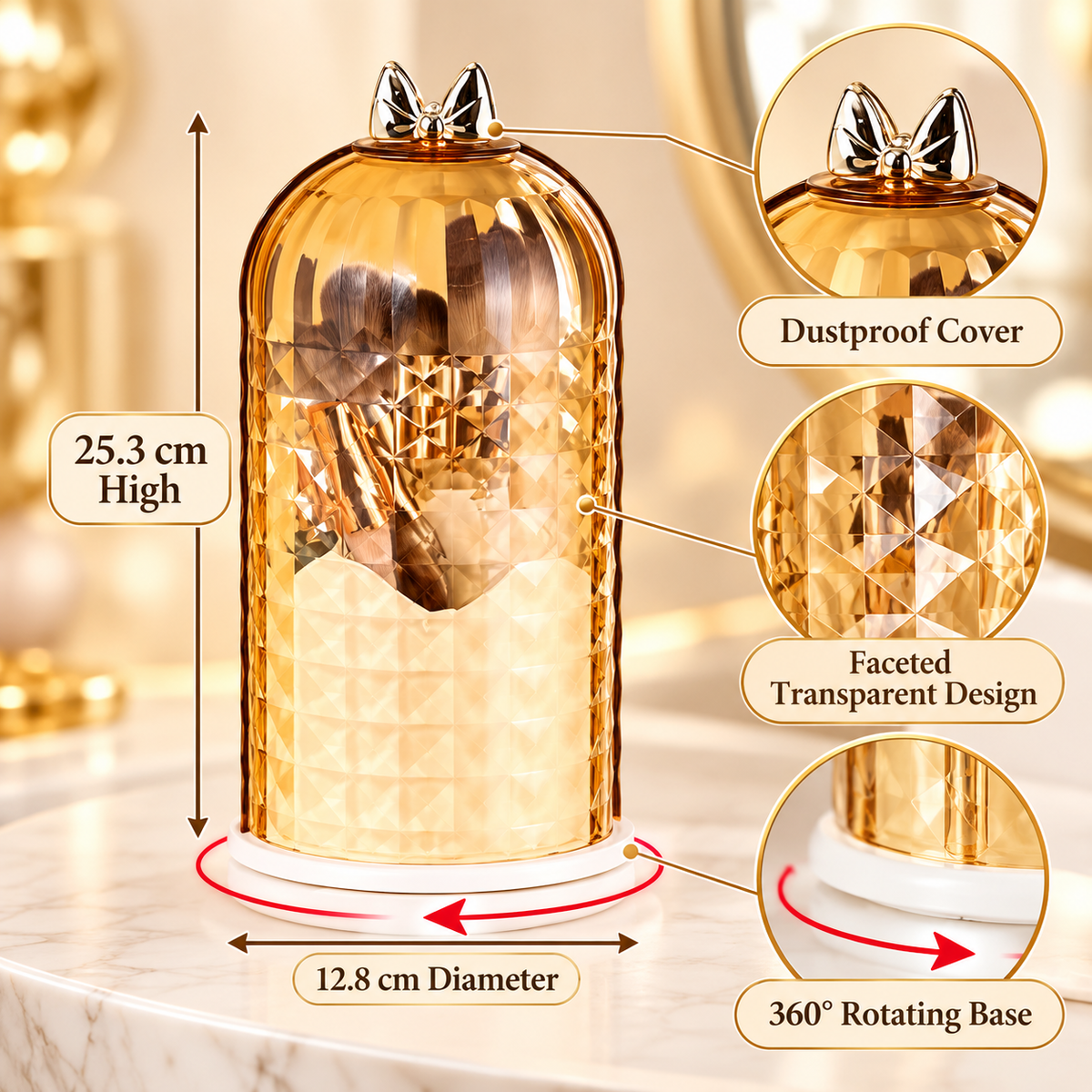 360° Rotating Makeup Brush Organizer with Dustproof Cover features