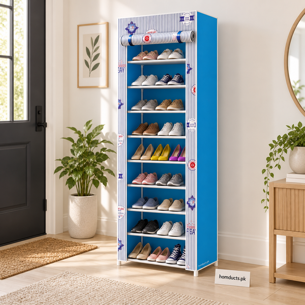 Ten-tier printed shoe rack with blue dust cover