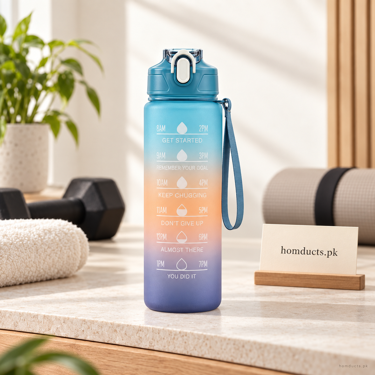 1000ml blue and purple gradient sports water bottle with time markers