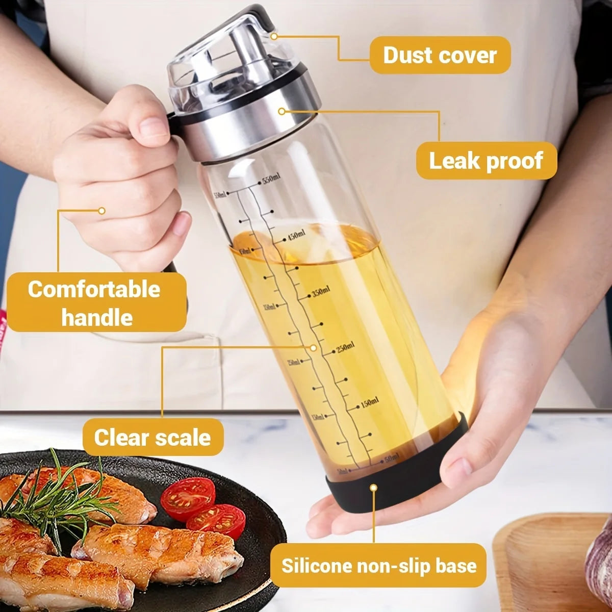Transparent Oil Dispenser Bottle with Handle – Leakproof Glass Olive Oil & Vinegar Container with Measurement Markings for Kitchen Use
