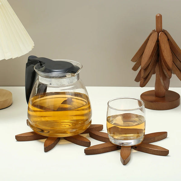 Wooden Tree-Shaped Coaster Set – Creative Foldable Heat-Resistant Table Decor Stand