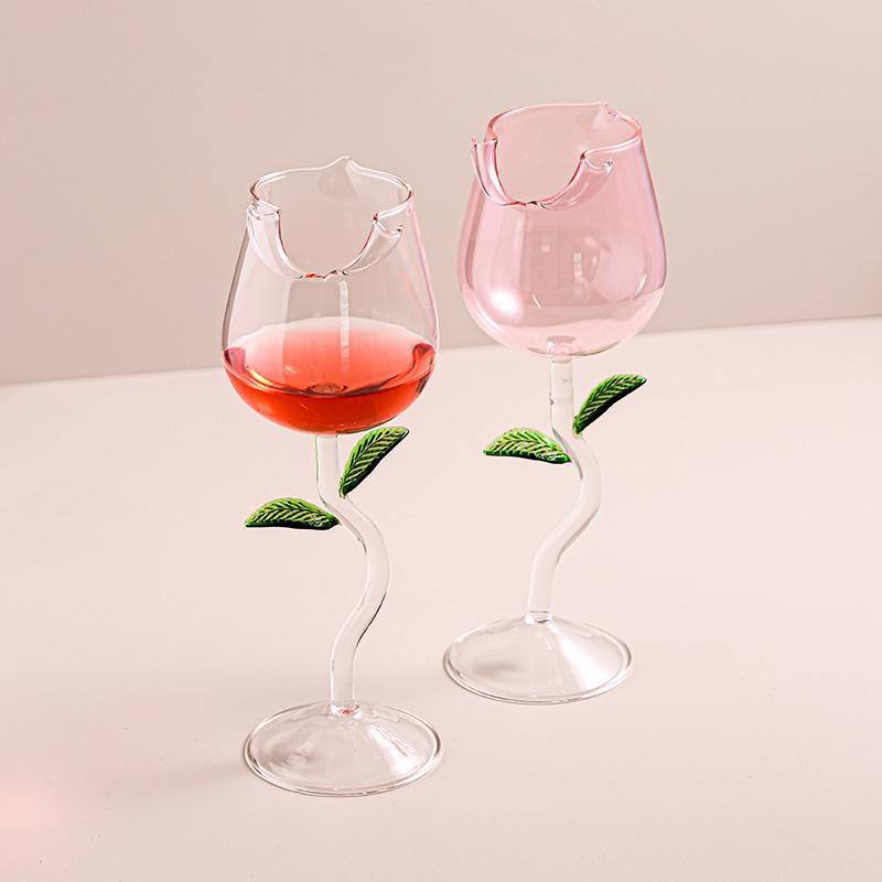 Luxury Rose Wine Glass – Elegant Tulip-Shaped Crystal Goblet with Leaf Stem