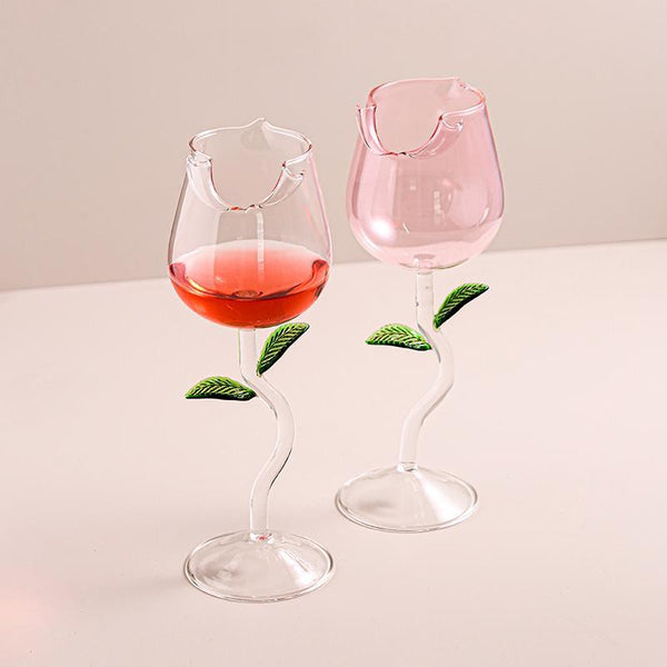 Luxury Rose Wine Glass – Elegant Tulip-Shaped Crystal Goblet with Leaf Stem