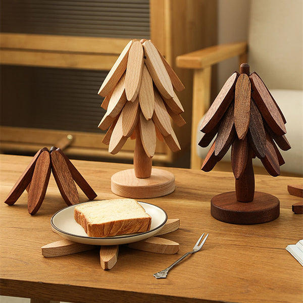 Wooden Tree-Shaped Coaster Set – Creative Foldable Heat-Resistant Table Decor Stand