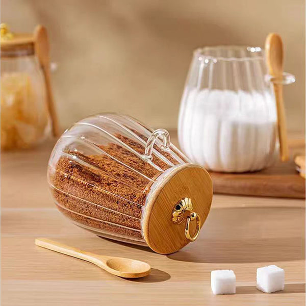 Glass Storage Jar Set with Bamboo Lids & Spoons – Sugar, Coffee & Spice Containers