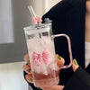 Square Glass Tumbler with Double  Bows & Straw – Elegant Drinkware