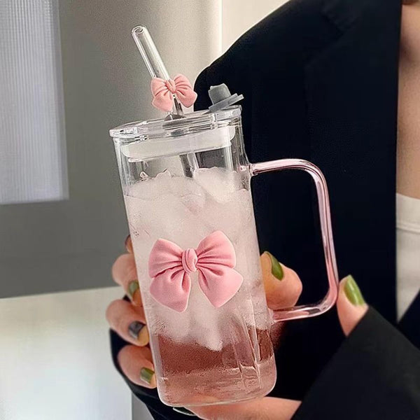 Square Glass Tumbler with Double  Bows & Straw – Elegant Drinkware