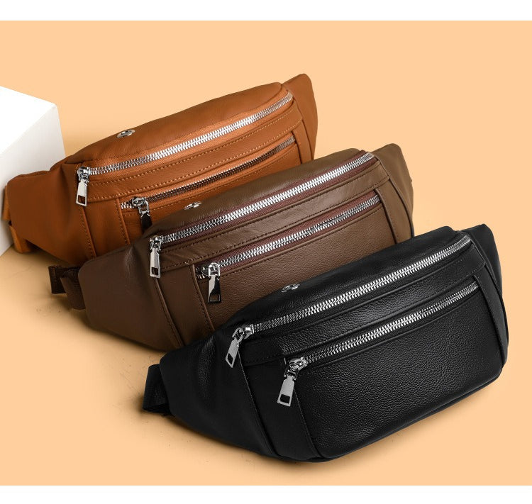 Luxury Multi-Zip Leather Crossbody Waist Bag — Premium Everyday Travel Sling
