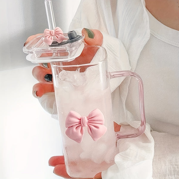 Square Glass Tumbler with Double  Bows & Straw – Elegant Drinkware
