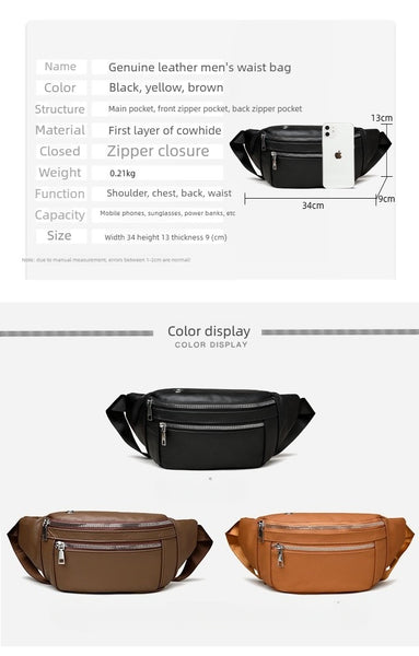Luxury Multi-Zip Leather Crossbody Waist Bag — Premium Everyday Travel Sling
