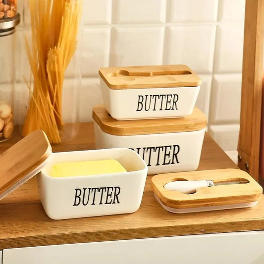 Ceramic Butter Dish with Wooden Lid & Knife Holder