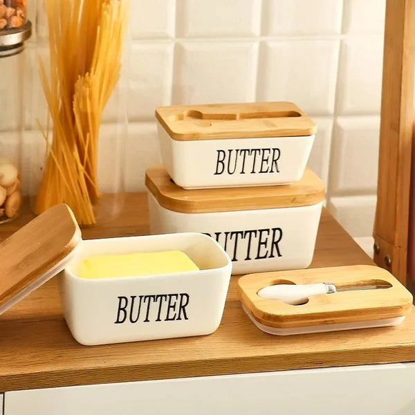 Ceramic Butter Dish with Wooden Lid & Knife Holder