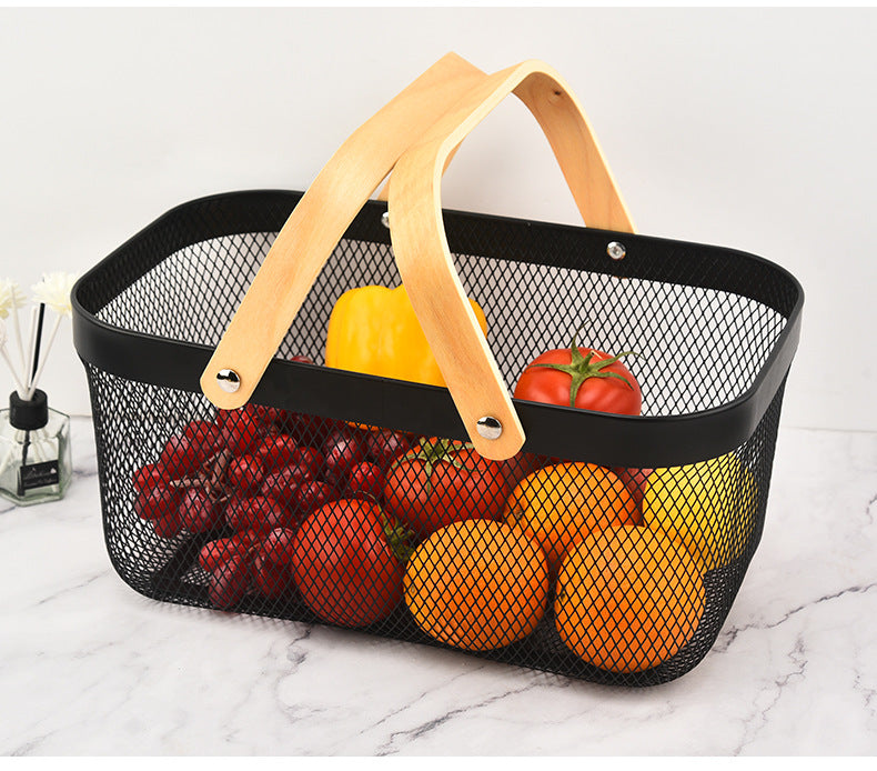 Large Metal Mesh Fruit and Vegetable Basket with Wooden Handles – Modern Kitchen Counter Storage Organizer