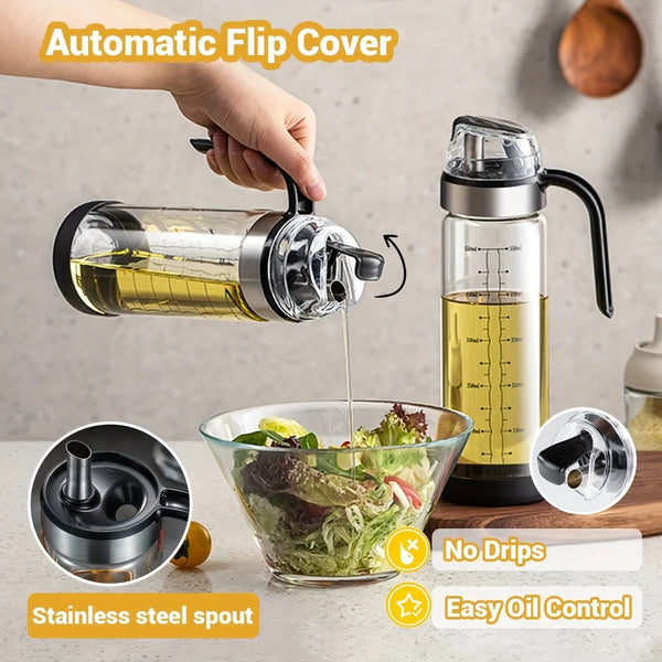 Transparent Oil Dispenser Bottle with Handle – Leakproof Glass Olive Oil & Vinegar Container with Measurement Markings for Kitchen Use