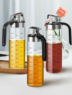 Transparent Oil Dispenser Bottle with Handle – Leakproof Glass Olive Oil & Vinegar Container with Measurement Markings for Kitchen Use