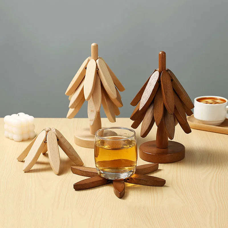 Wooden Tree-Shaped Coaster Set – Creative Foldable Heat-Resistant Table Decor Stand