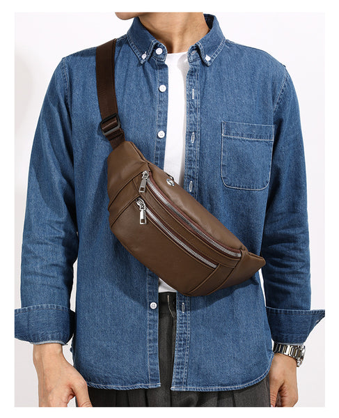 Luxury Multi-Zip Leather Crossbody Waist Bag — Premium Everyday Travel Sling