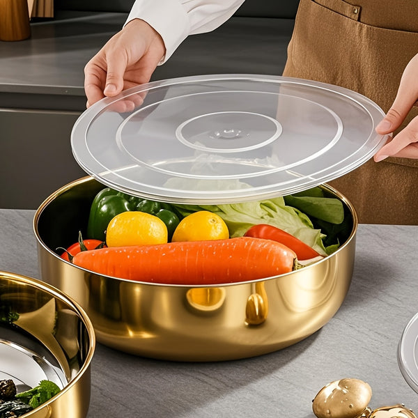 Premium Gold Stainless Steel Food Storage Bowl with Transparent Airtight Lid – Multipurpose Kitchen Serving Container