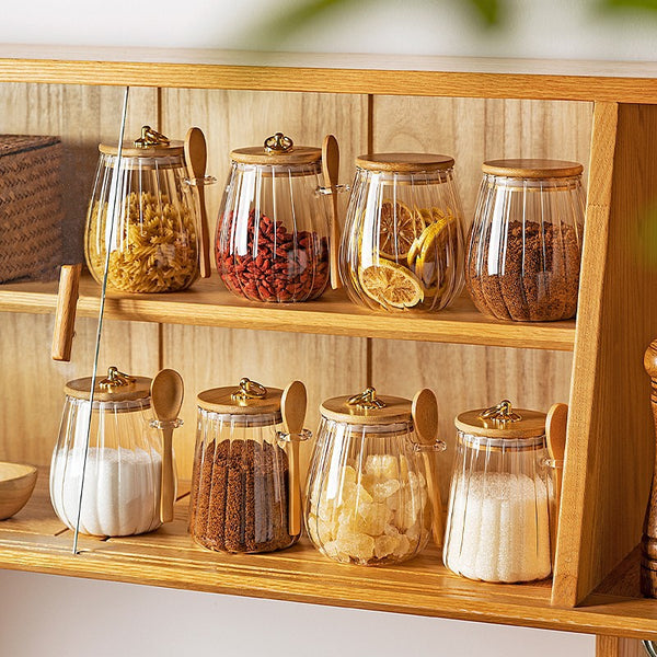 Glass Storage Jar Set with Bamboo Lids & Spoons – Sugar, Coffee & Spice Containers