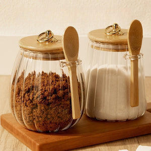 Glass Storage Jar Set with Bamboo Lids & Spoons – Sugar, Coffee & Spice Containers