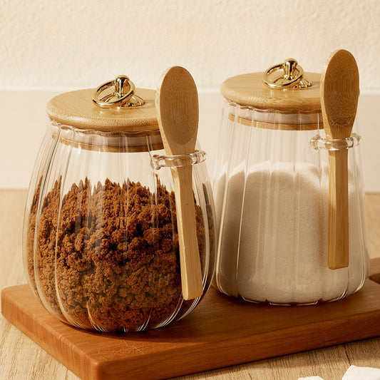 Glass Storage Jar Set with Bamboo Lids & Spoons – Sugar, Coffee & Spice Containers