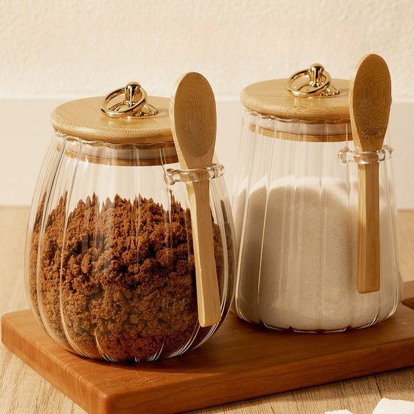 Glass Storage Jar Set with Bamboo Lids & Spoons – Sugar, Coffee & Spice Containers