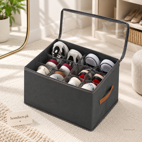 12-grid foldable shoe storage box with transparent zippered lid
