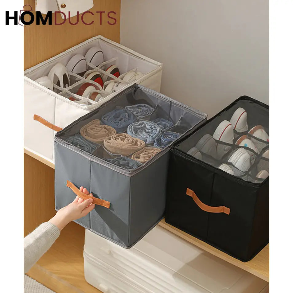 12 Grid Foldable Shoe Storage Box with Transparent Lid & Handles – Space Saving Organizer for Sneakers Heels & Sandals