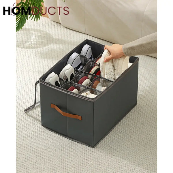 12 Grid Foldable Shoe Storage Box with Transparent Lid & Handles – Space Saving Organizer for Sneakers Heels & Sandals
