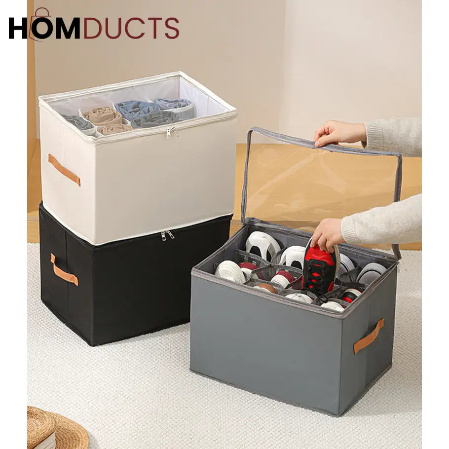 12 Grid Foldable Shoe Storage Box with Transparent Lid & Handles – Space Saving Organizer for Sneakers Heels & Sandals