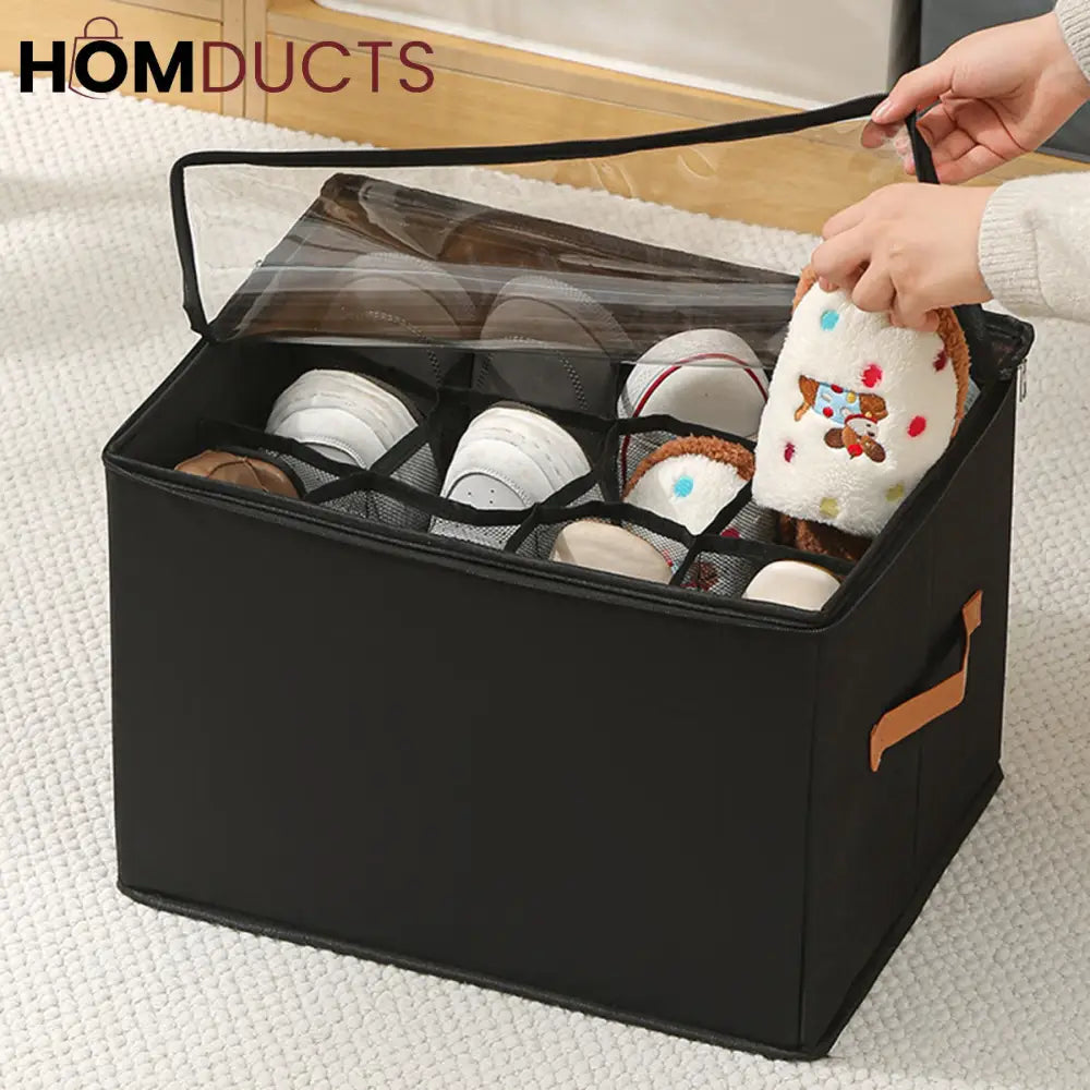 12 Grid Foldable Shoe Storage Box with Transparent Lid & Handles – Space Saving Organizer for Sneakers Heels & Sandals