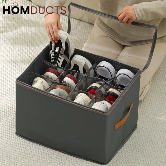 12 Grid Foldable Shoe Storage Box with Transparent Lid & Handles – Space Saving Organizer for Sneakers Heels & Sandals