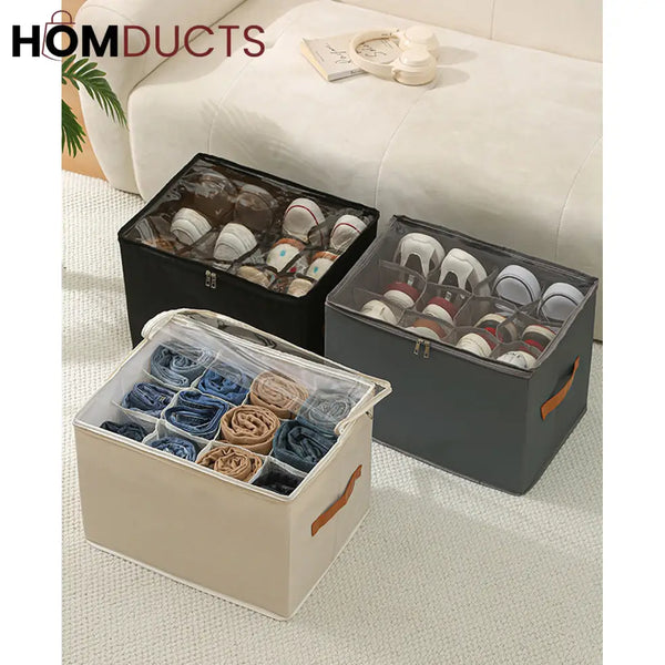 12 Grid Foldable Shoe Storage Box with Transparent Lid & Handles – Space Saving Organizer for Sneakers Heels & Sandals