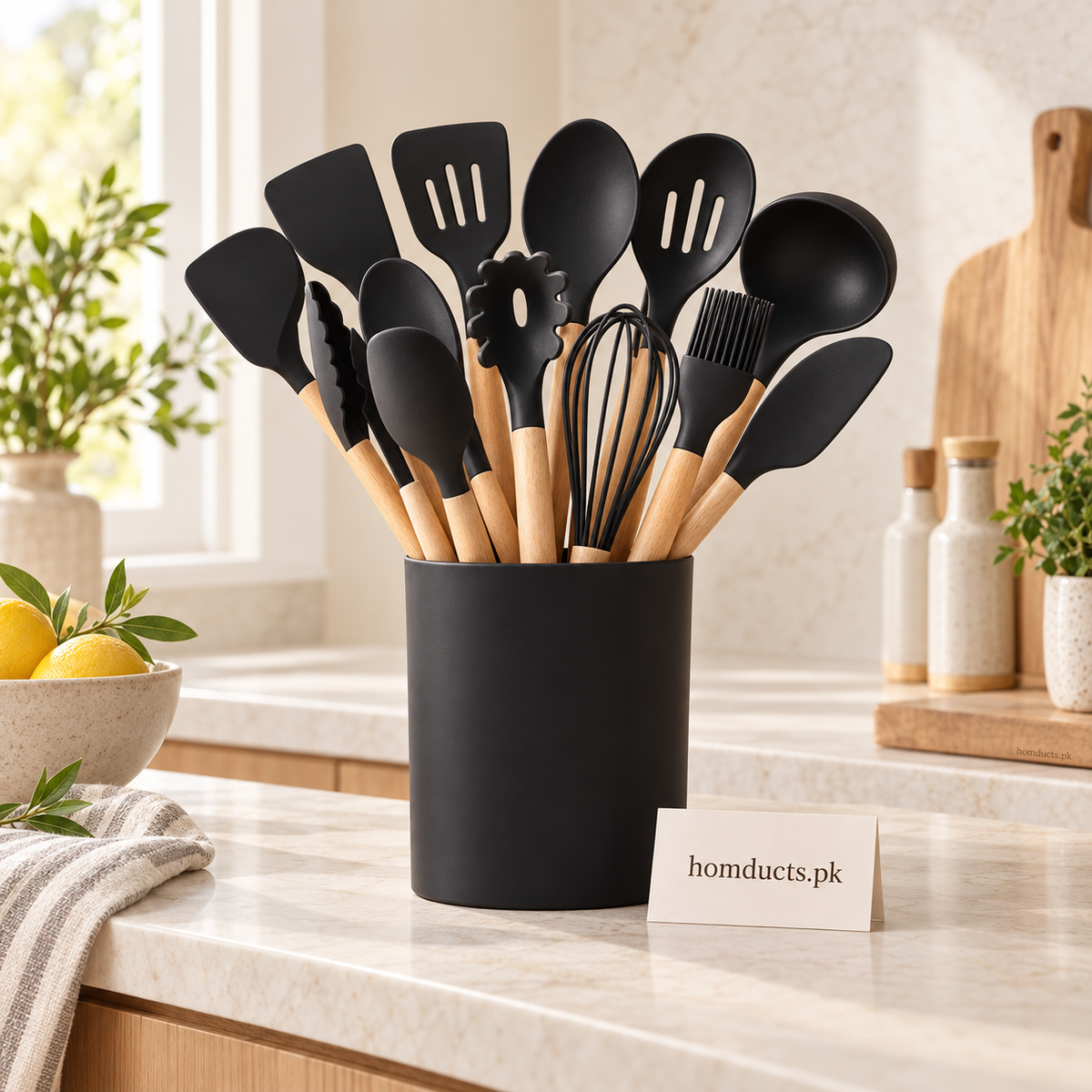 Black 12-piece silicone kitchen utensil set with wooden handles