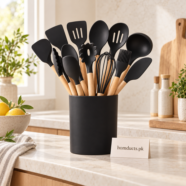 Black 12-piece silicone kitchen utensil set with wooden handles